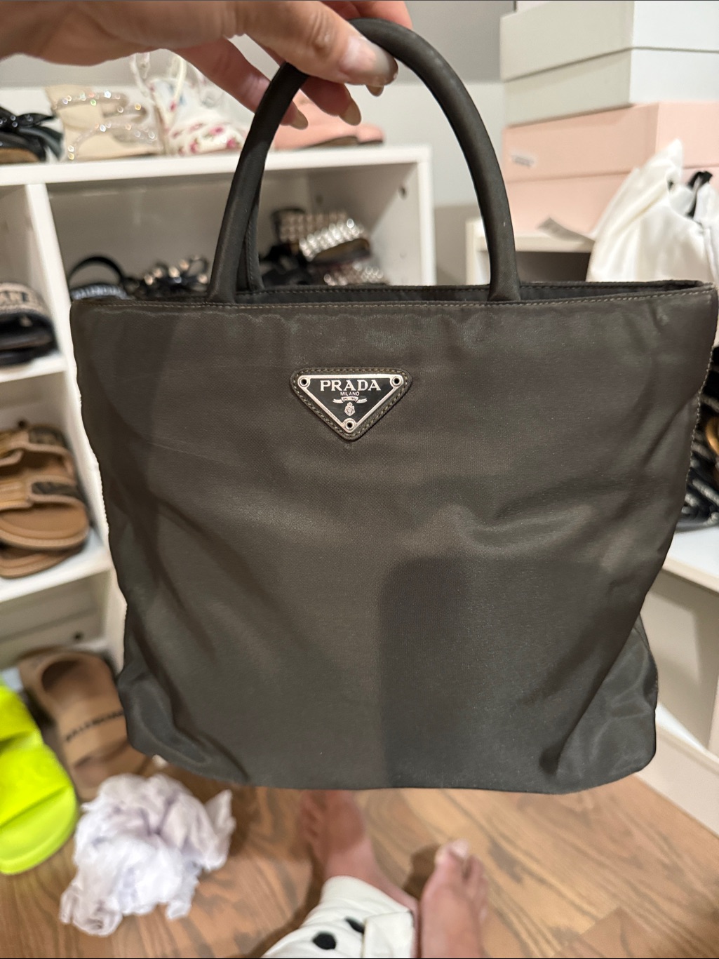 Prada Olive Green Nylon Top-Handle Tote With Silver Logo